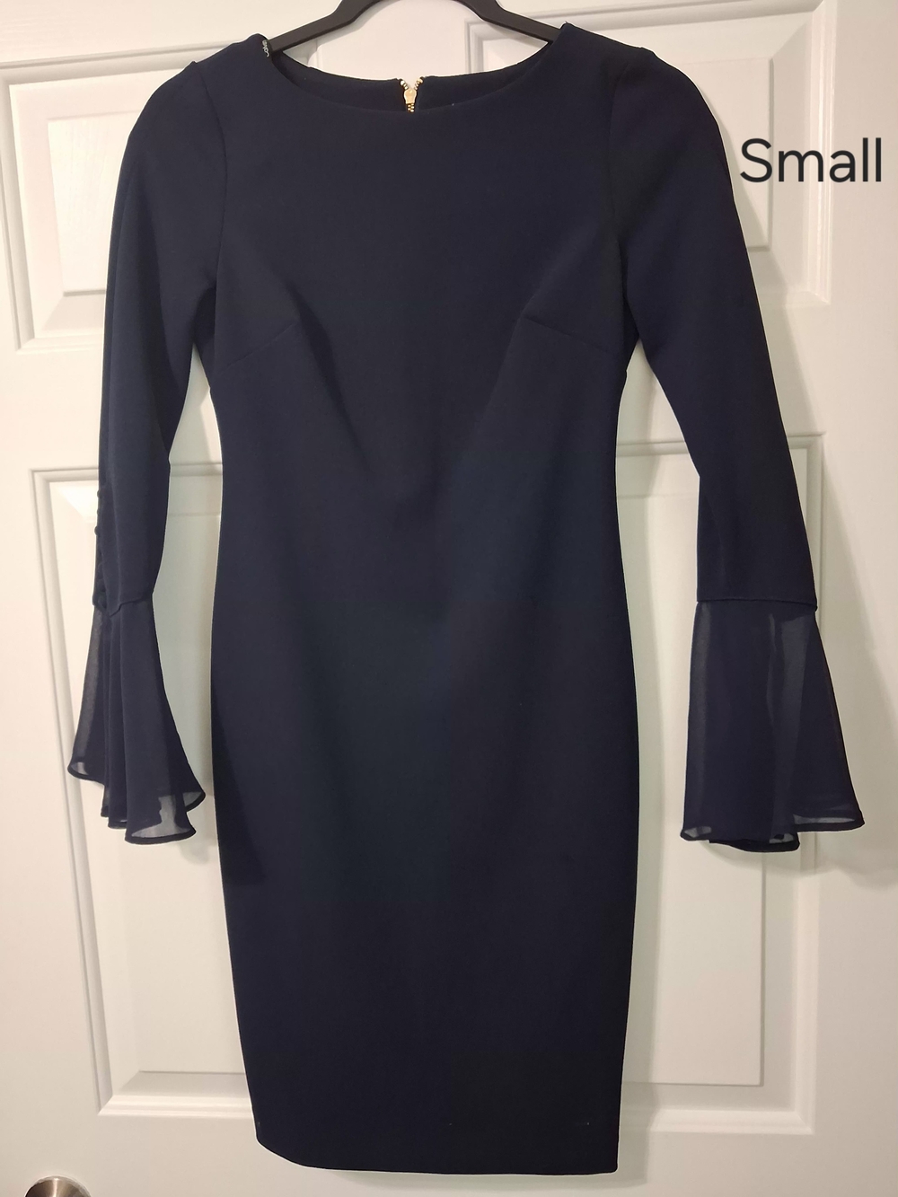 Elegant Navy Bell-Sleeve Sheath Dress - Small